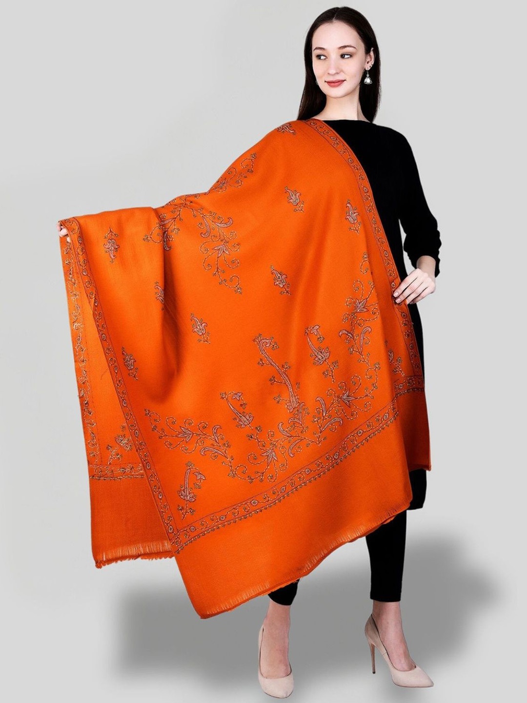 

SWI Stylish Floral Embroidered Pure Woollen Shawl, Rust