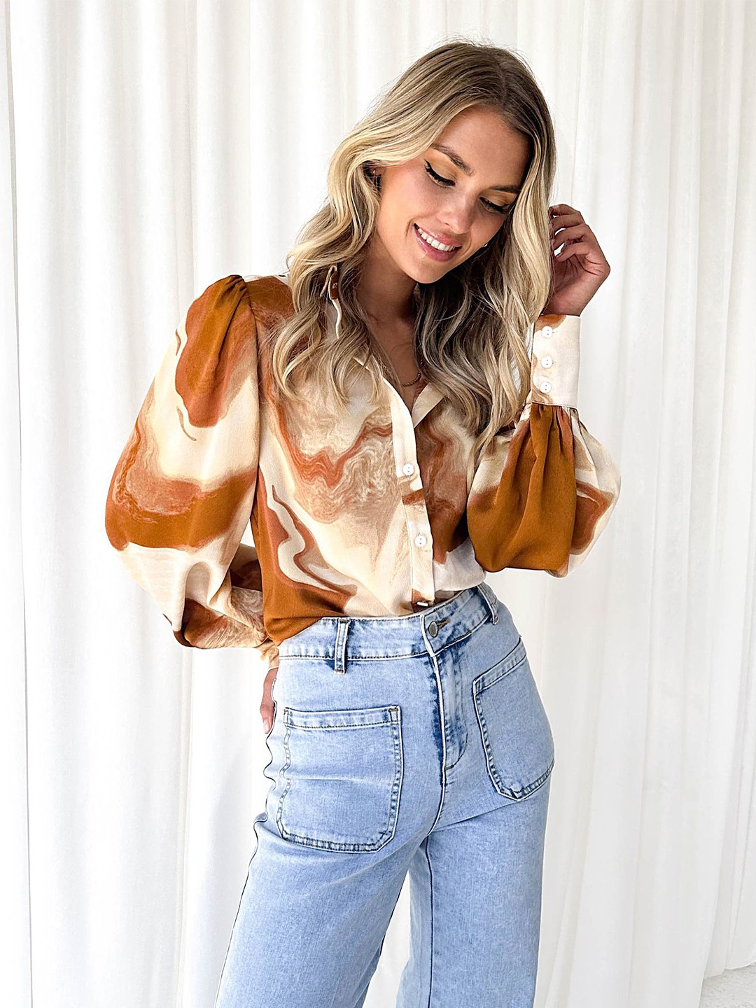 

LULU & SKY Tie and Dye Mandarin Collar Puff Sleeve Shirt Style Top, Brown