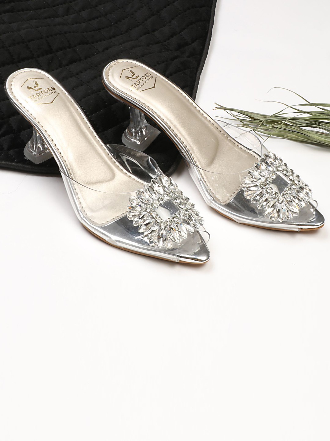 

STARTOES Embellished Party Stiletto Mules, Silver