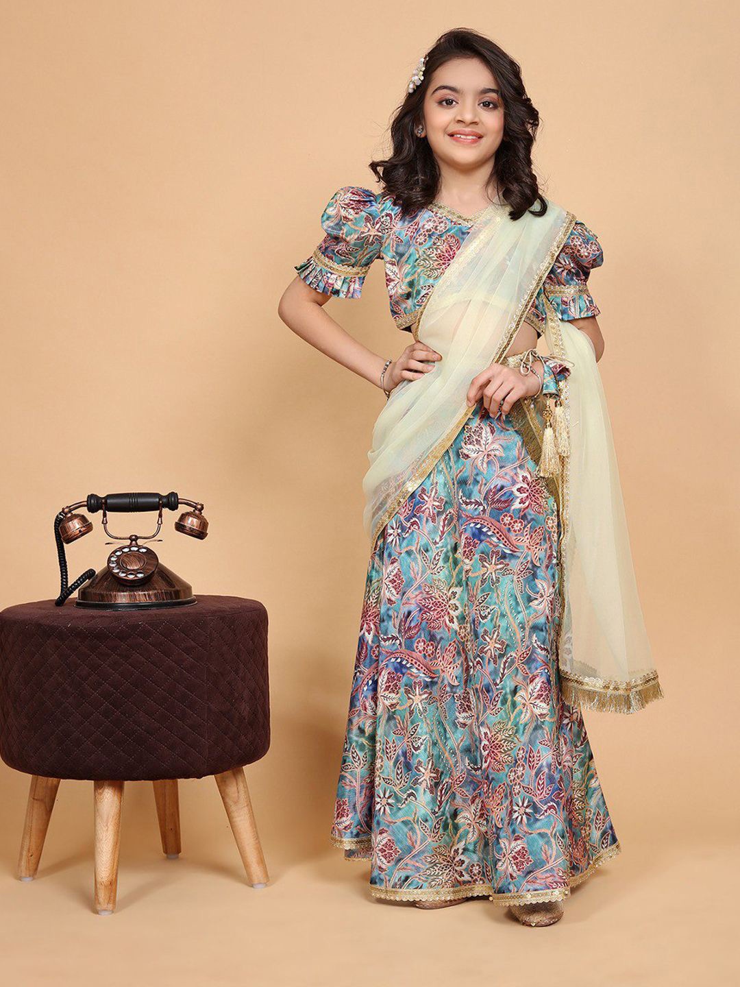 

Jogmaya Fashion Girls Floral Printed Ready to Wear Lehenga & Blouse With Dupatta, Blue