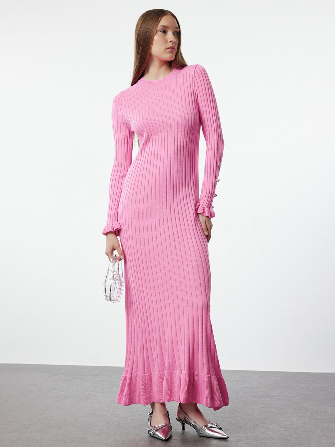 

Trendyol Striped Round Neck Ready to Wear Maxi Dress, Pink