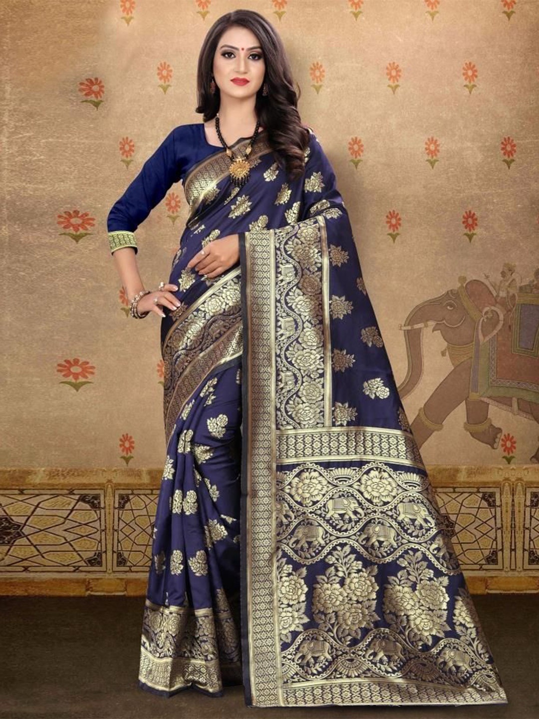 

LEAFFEB Woven Design Zari Pure Silk Banarasi Saree, Navy blue
