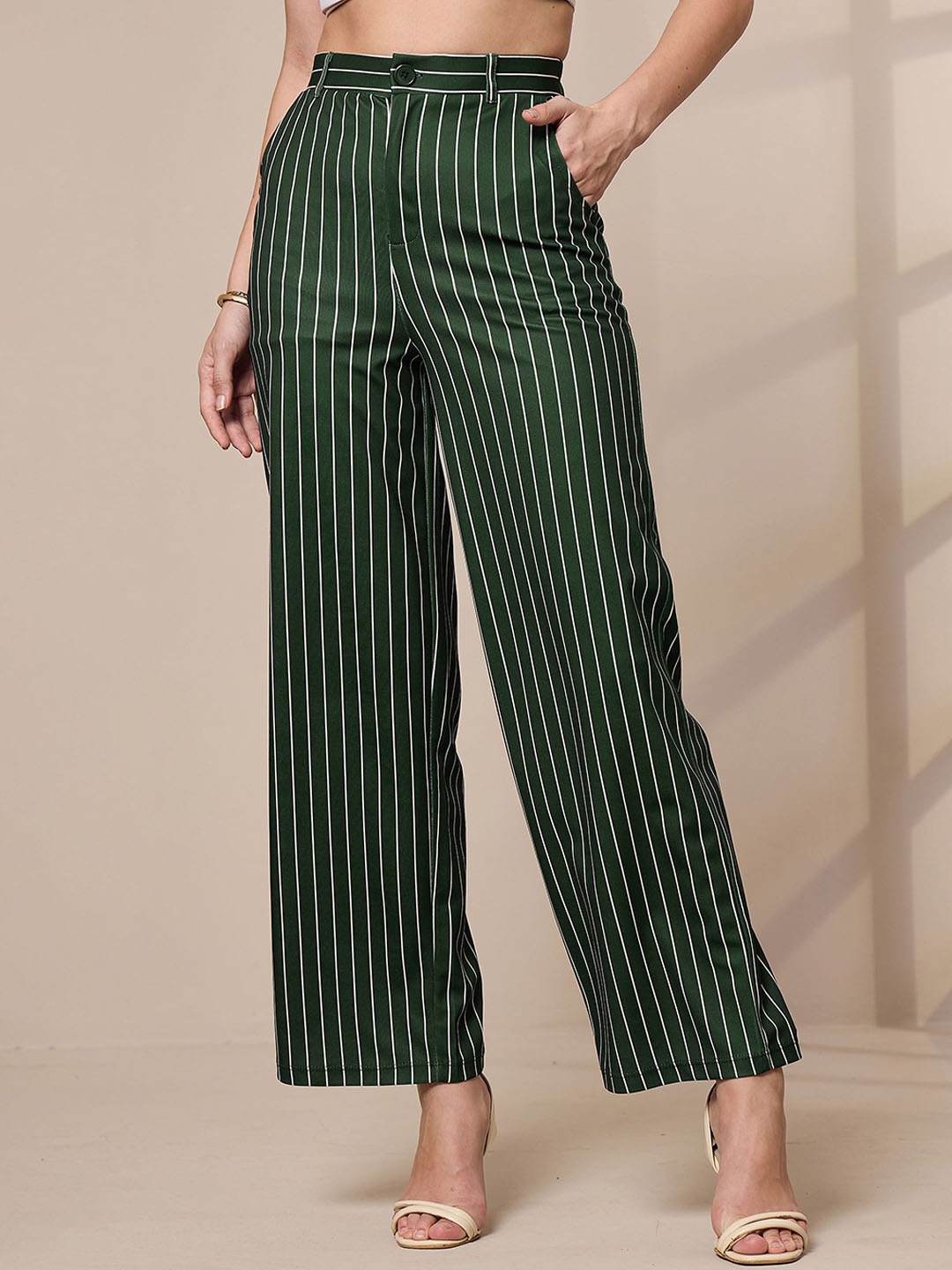 

SASSAFRAS worklyf Women Striped Relaxed Straight Leg High-Rise Trousers, Green