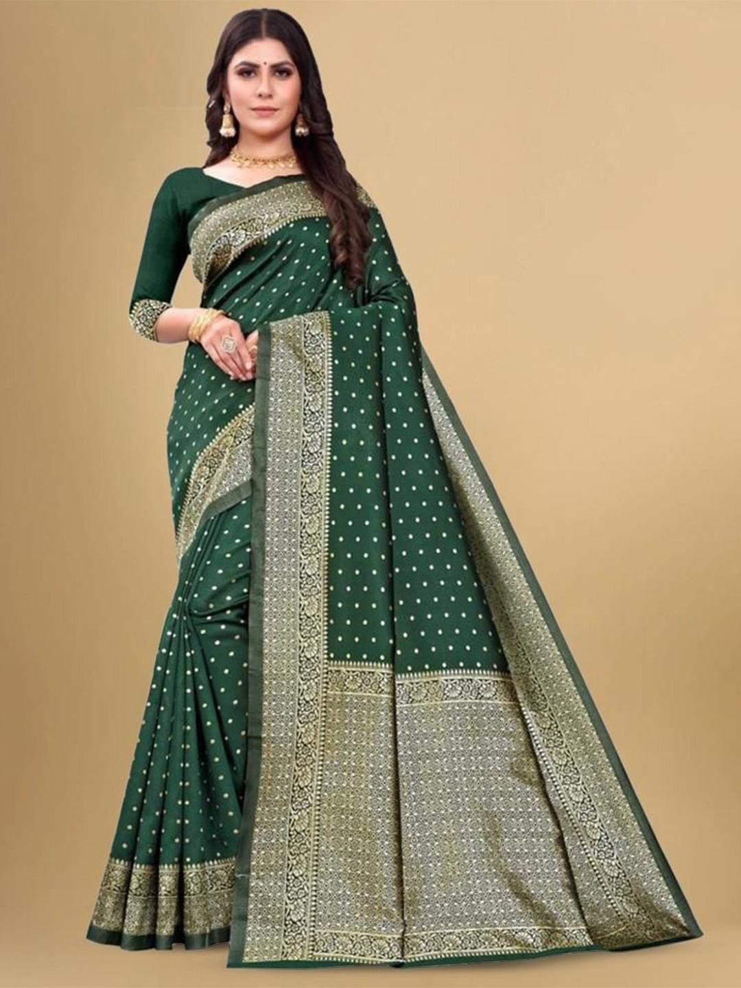 

LEAFFEB Woven Design Zari Pure Silk Banarasi Saree, Green