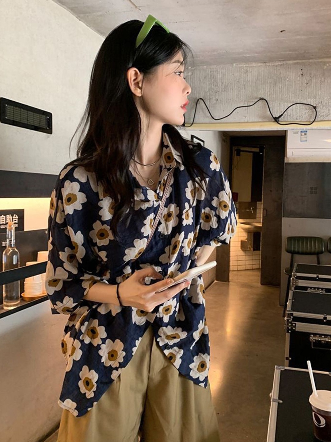 

LULU & SKY Floral Print Shirt Style Top, Navy blue
