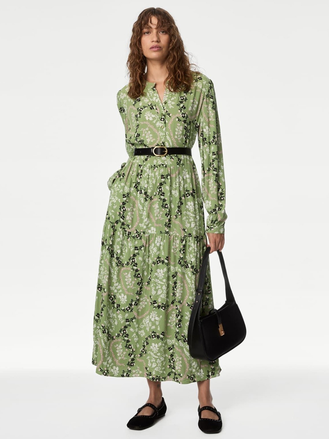 

Marks & Spencer Floral Printed Mandarin Collar Fit and Flare Maxi Dress, Green