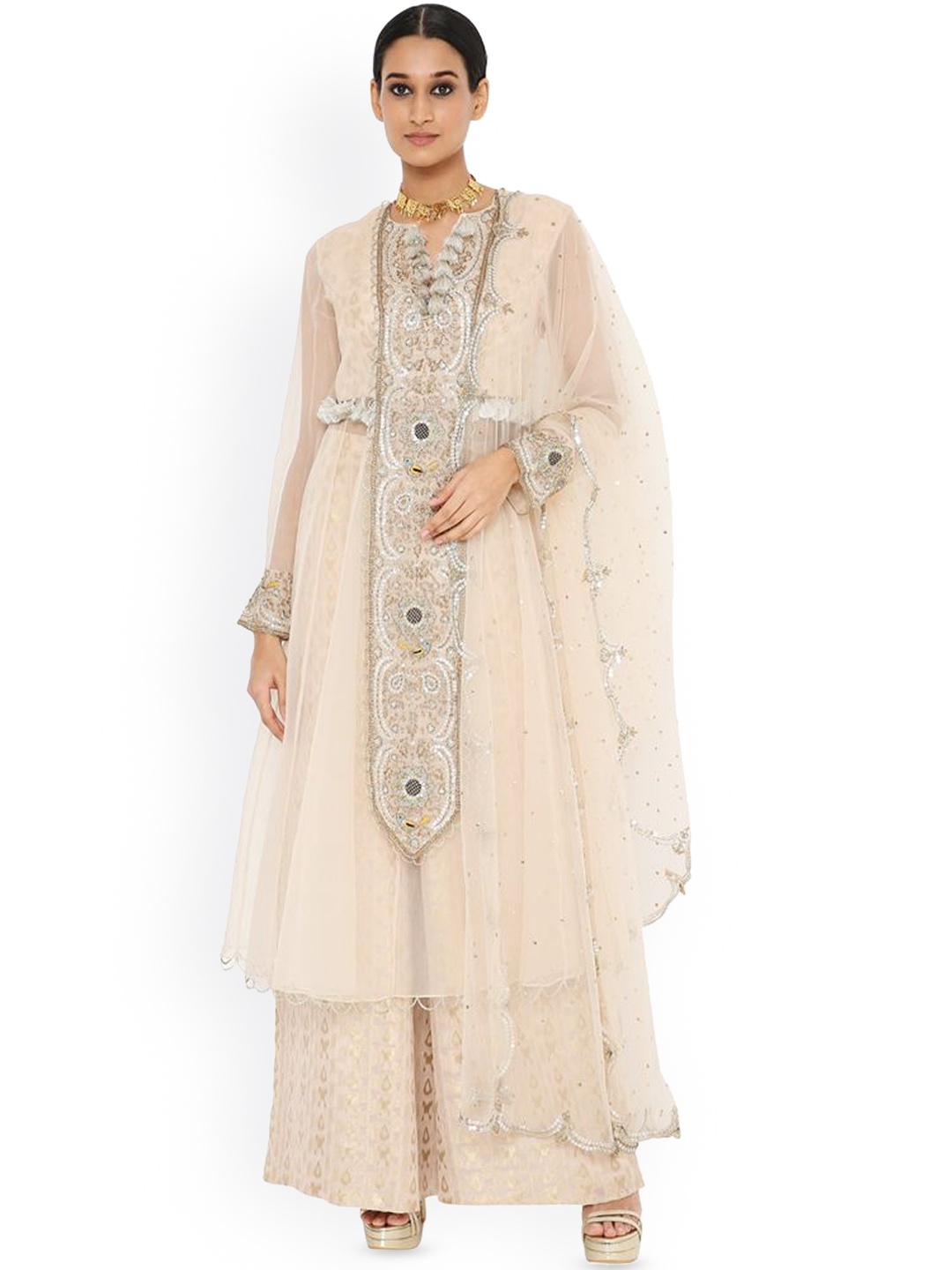 

Payal Singhal Floral Embroidered Georgette Sequinned A-Line Kurta with Palazzos & Dupatta, Cream