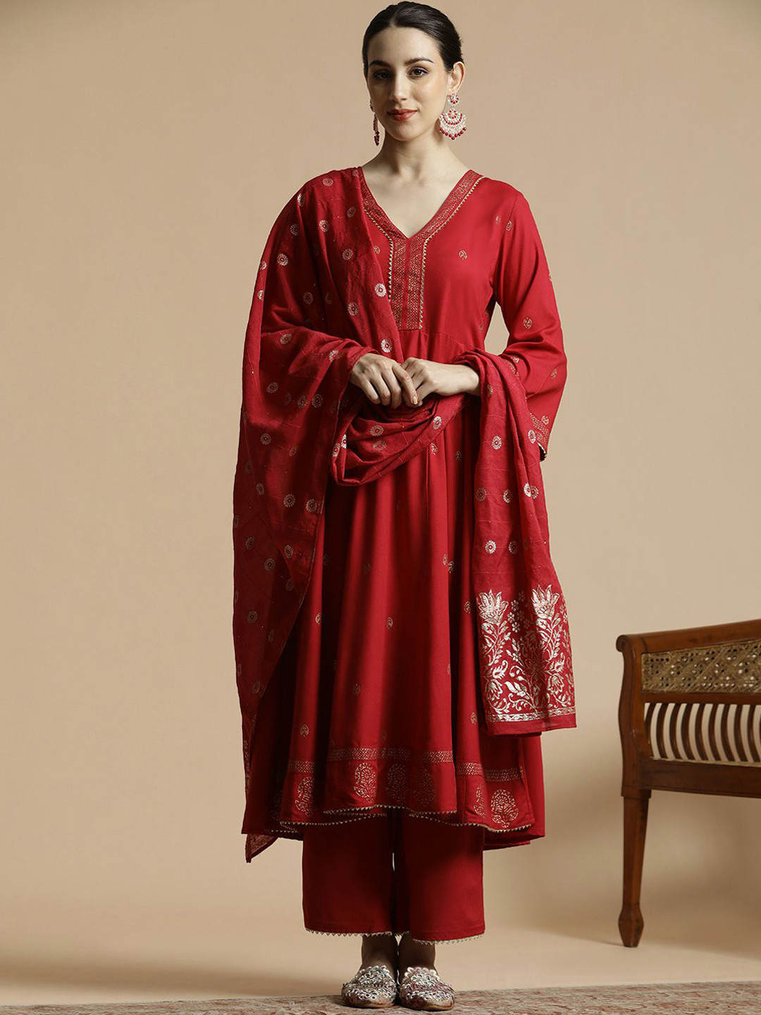 

Anouk Ethnic Motifs Embroidered Regular Gotta Patti Anarkali Kurta with Trousers & Dupatta, Red