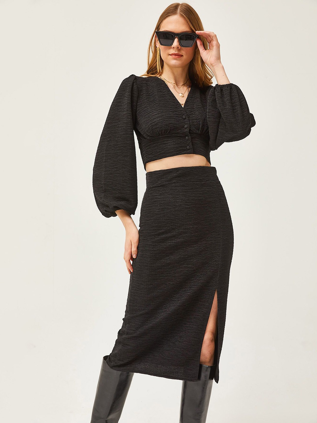 

Olalook Self Design Crop Top With Knee Length Skirt, Black