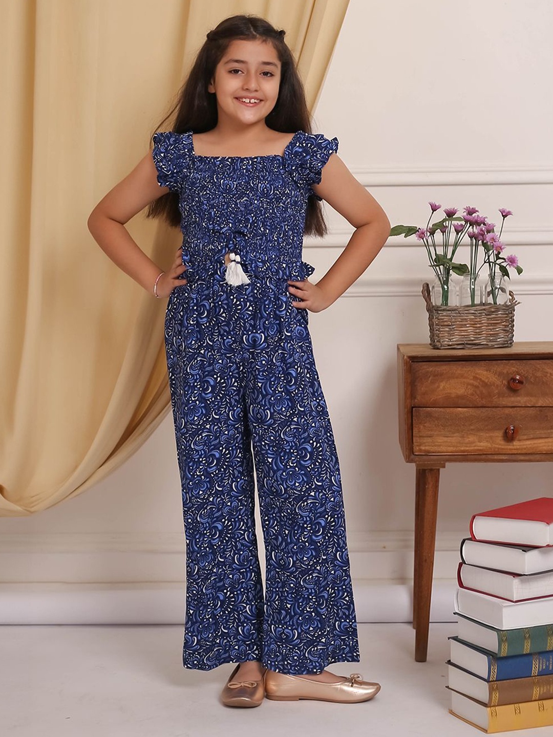 

Budding Bees Girls Printed Basic Jumpsuit, Blue