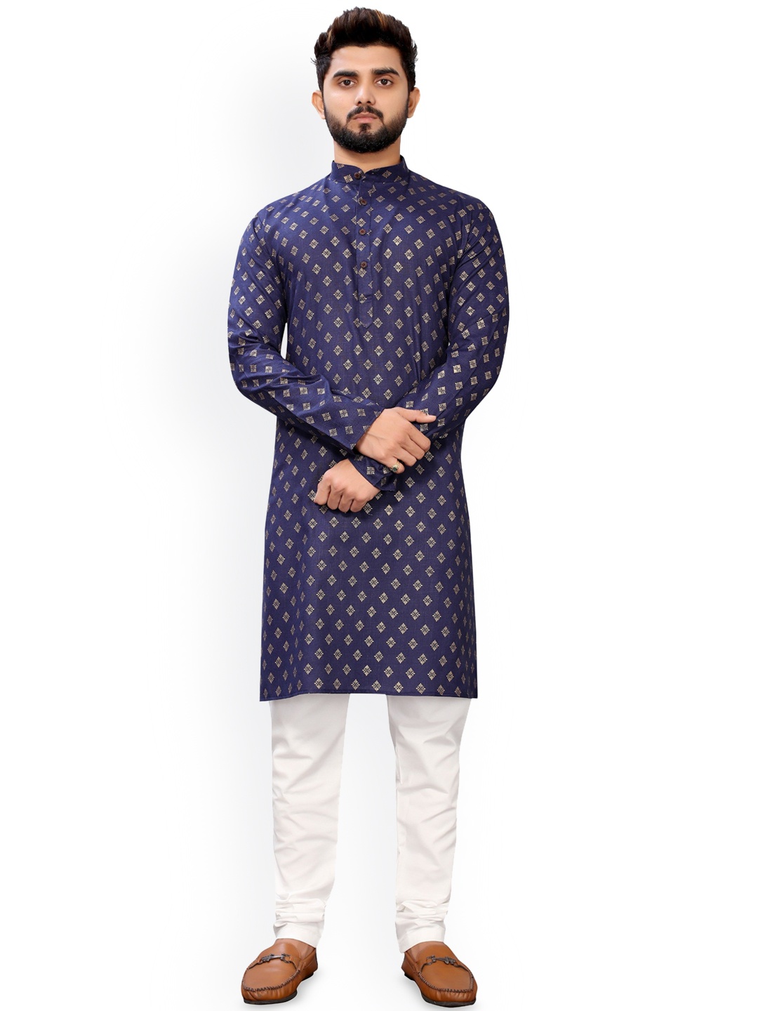 

Nimayaa Ethnic Motifs Woven Design Mandarin Collar Straight Kurta, Navy blue