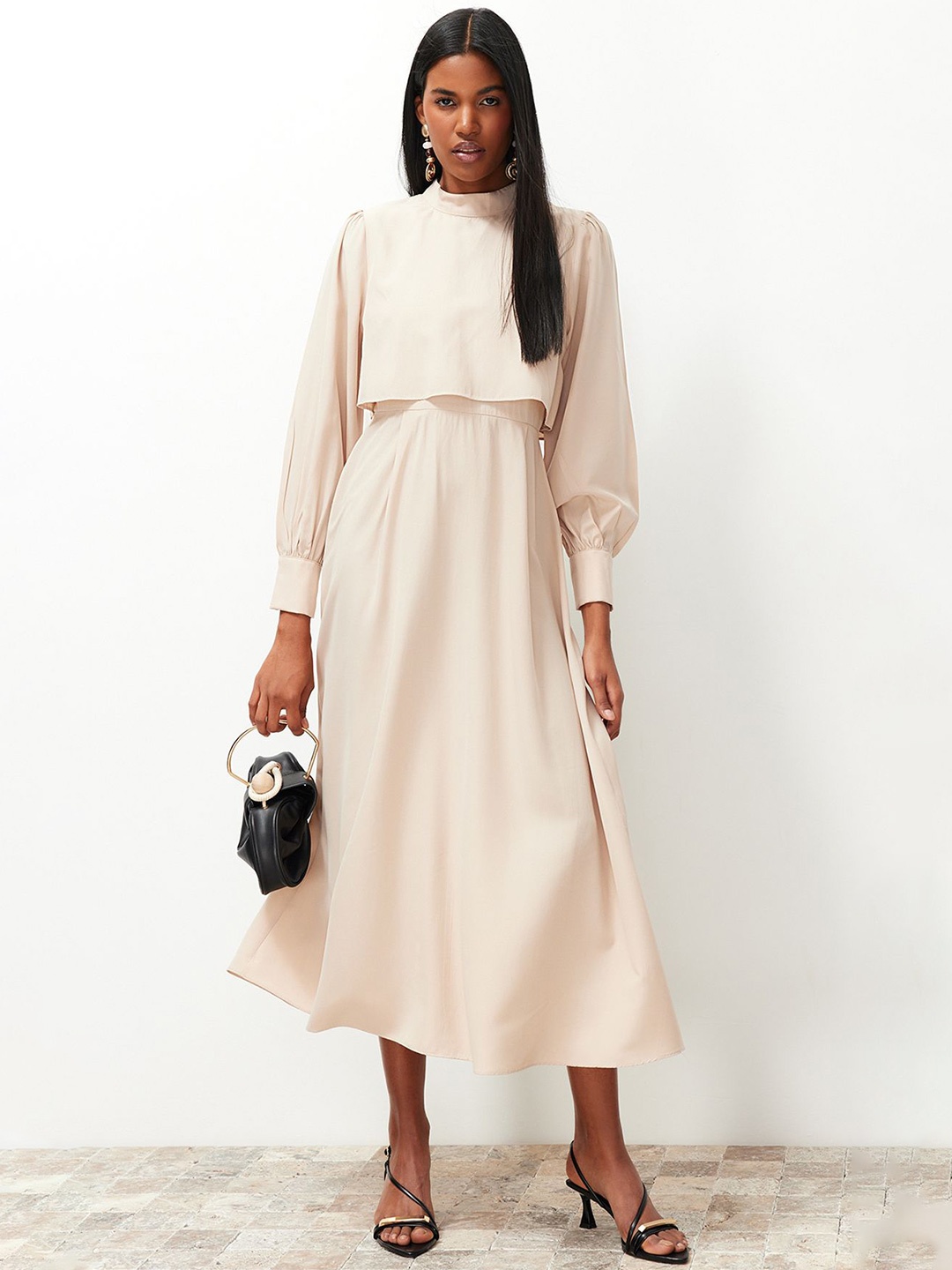 

Trendyol Puff Sleeve Fit & Flare Midi Dress, Beige