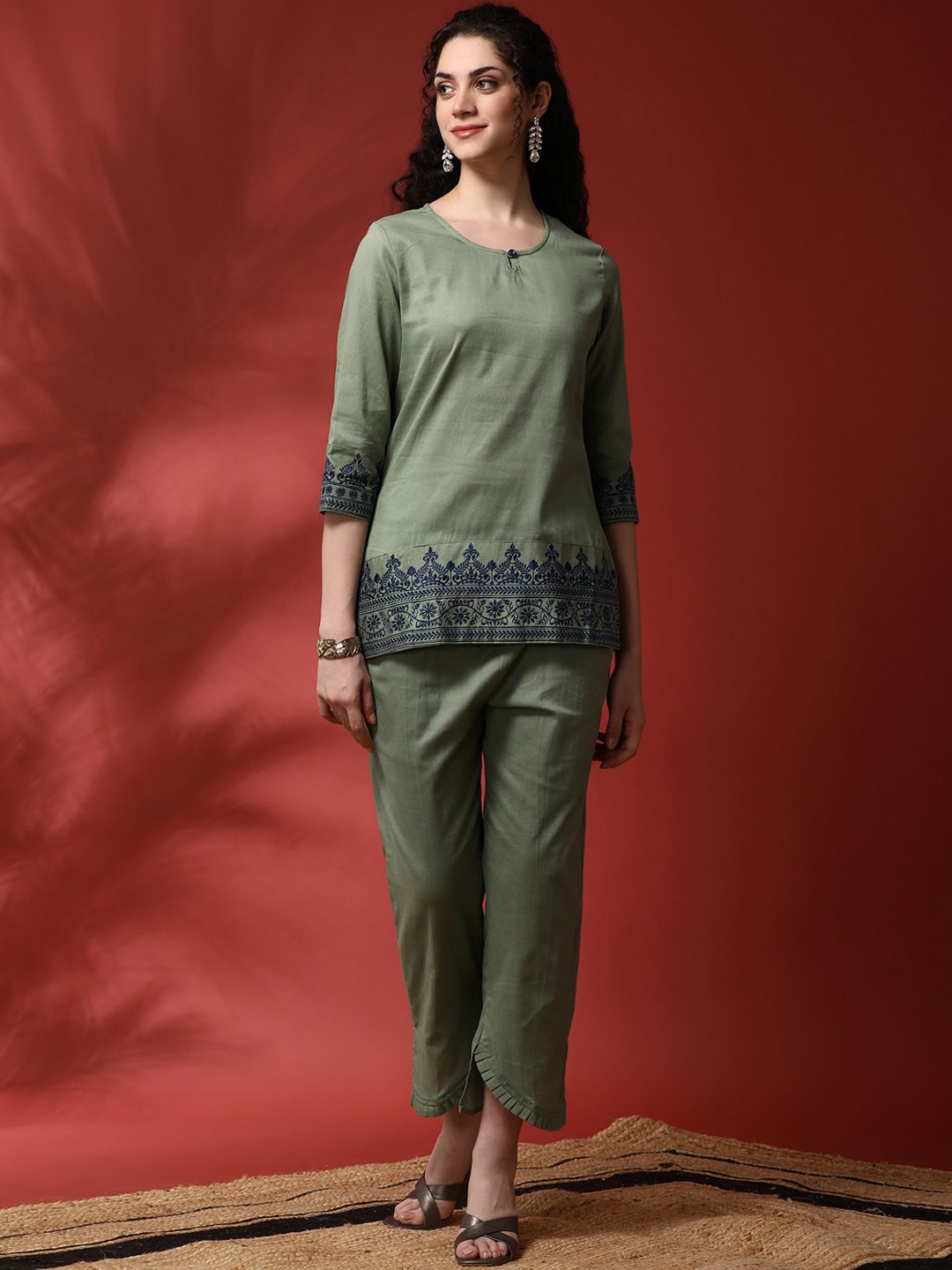 

Anouk Olive Green Floral Embroidered Pure Cotton Top With Trousers