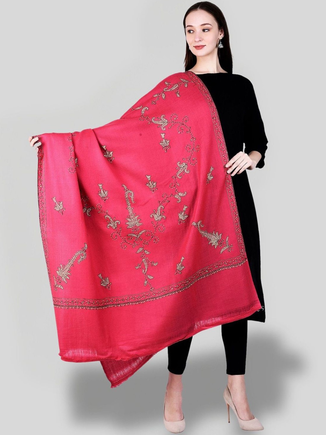

SWI Stylish Paisley Embroidered Woollen Shawl, Pink