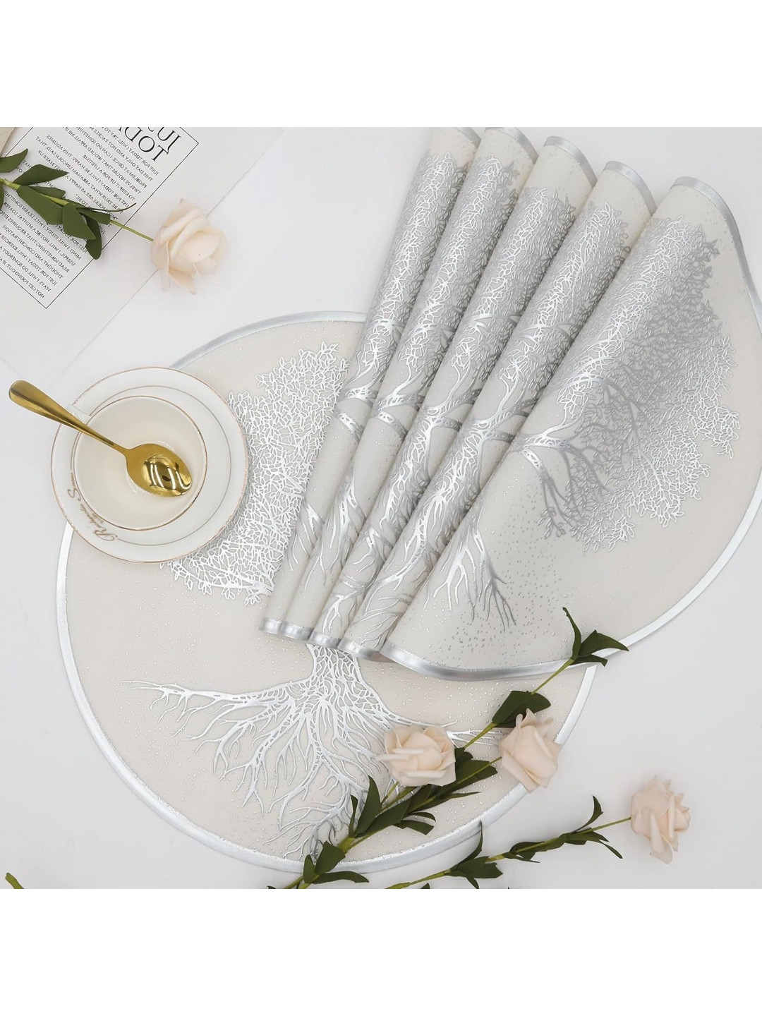 

LooMantha White & Silver Toned 6 Pieces Floral Printed Table Placemats