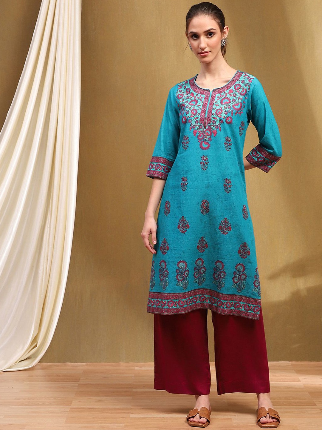 

Biba Floral Printed Cotton Straight Kurta, Blue