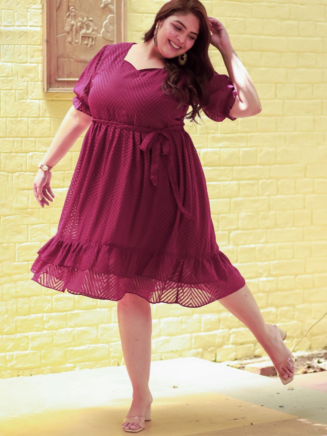 

DesiNoor.com Georgette Sweetheart Neck Puff Slevees Fit & Flare Dress, Burgundy