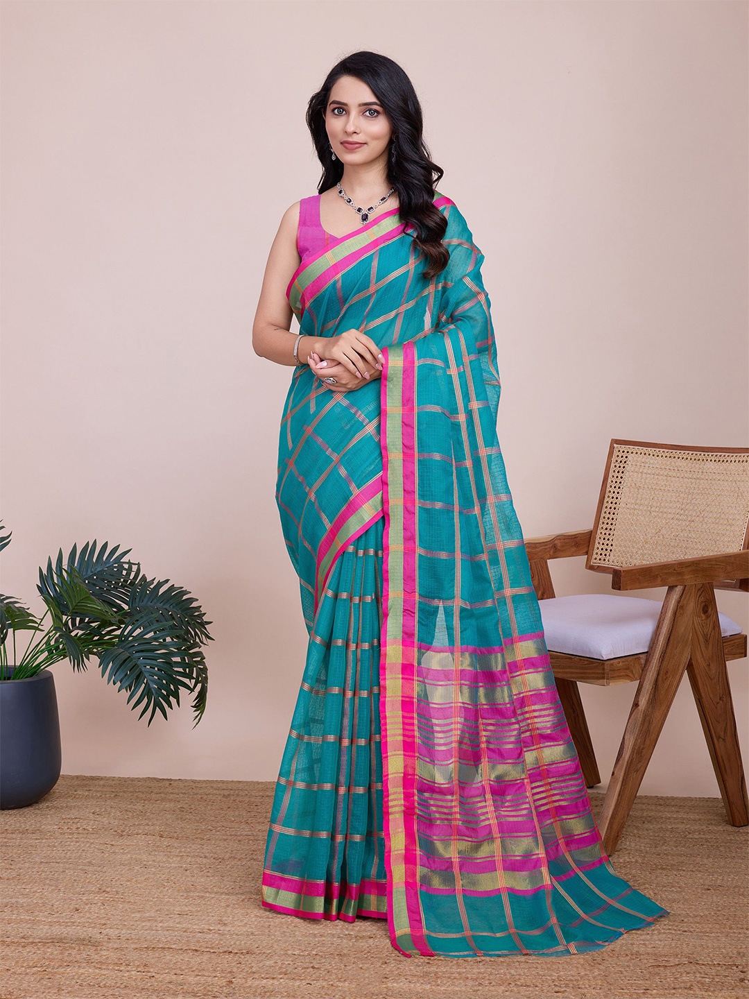 

Anjaneya Sarees Woven Design Checked Chanderi Saree, Teal