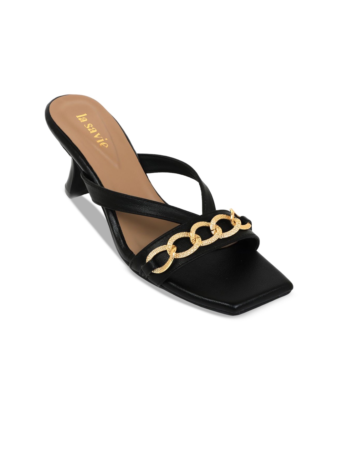 

LA SAVIE Embellished PU Kitten Sandals, Black