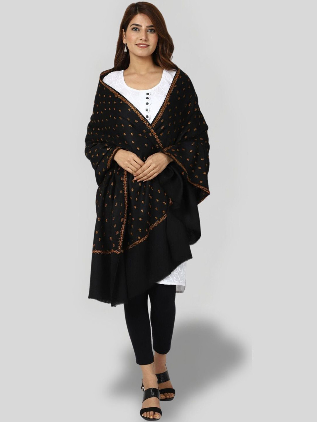 

SWI Stylish Floral Embroidered Pure Woollen Shawl, Black