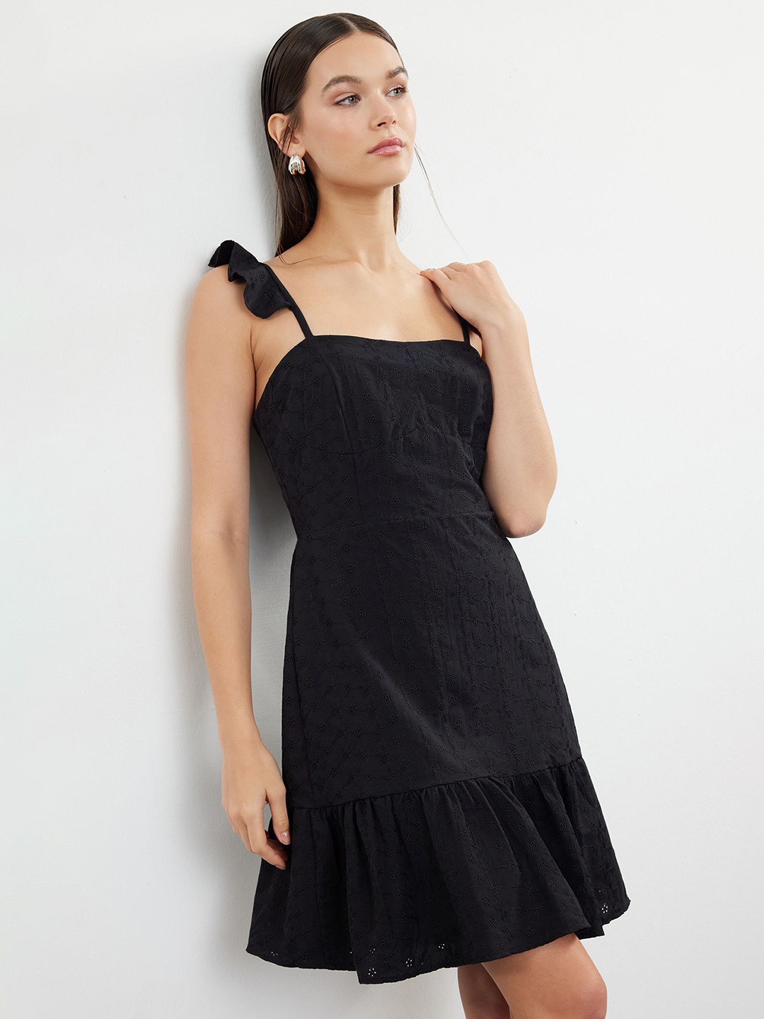 

Trendyol Self Design Shoulder Strap Fit & Flare Dress, Black