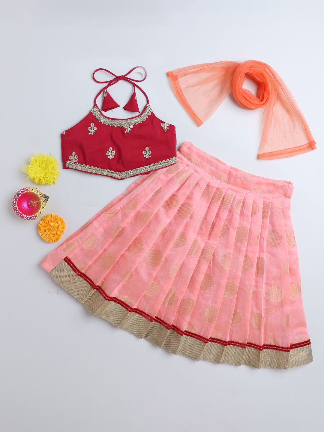 

MANY FROCKS & Girls Embroidered Thread Work Ready to Wear Lehenga Blouse With Dupatta, Pink