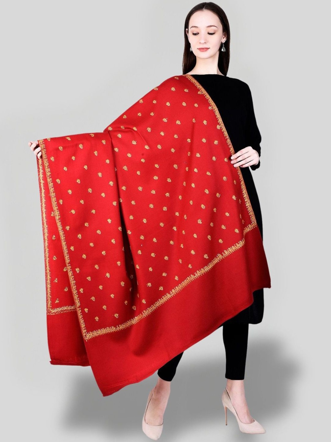 

SWI Stylish Floral Embroidered Pure Woollen Shawl, Red