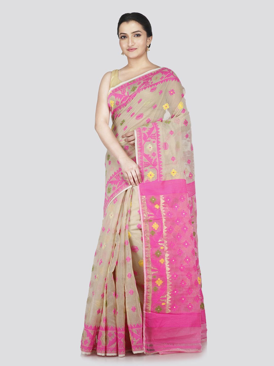 

PinkLoom Floral Pure Cotton Jamdani Saree, Beige