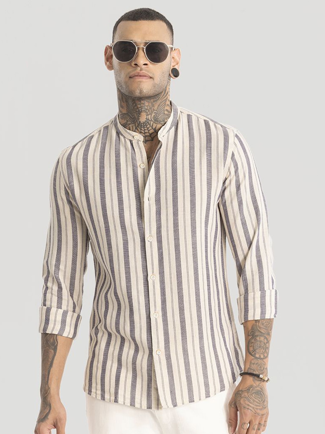 

Snitch Men Smart Slim Fit Opaque Striped Casual Shirt, Cream