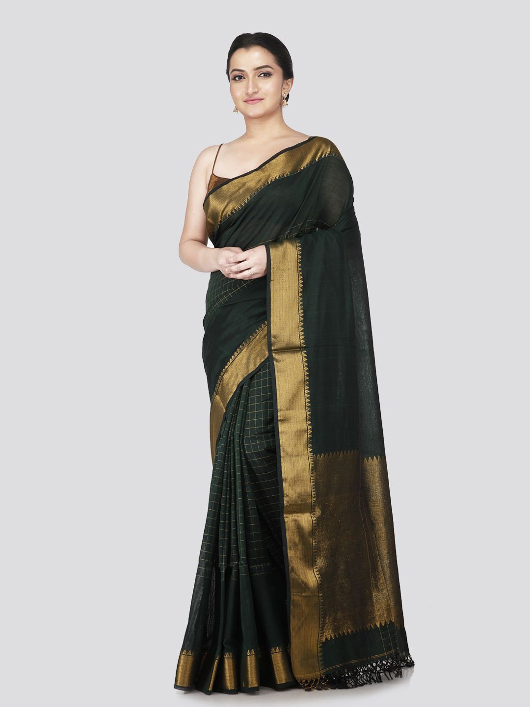 

PinkLoom Checked Zari Silk Cotton Saree, Green