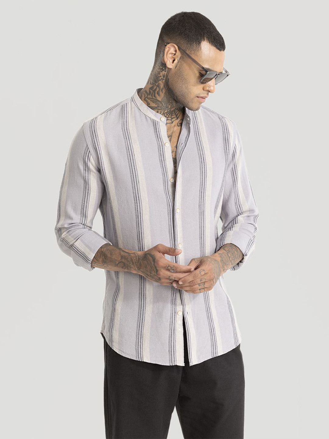 

Snitch Men Smart Slim Fit Opaque Striped Casual Shirt, Blue