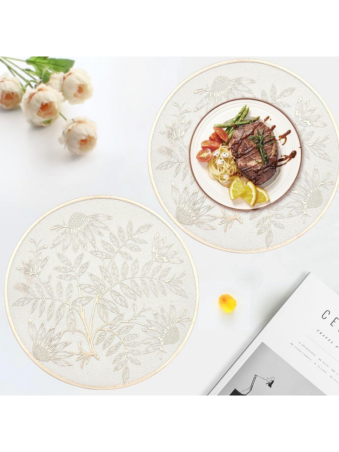 

LooMantha Gold-Toned & White 2 Pieces Floral Printed Round Table Placemats