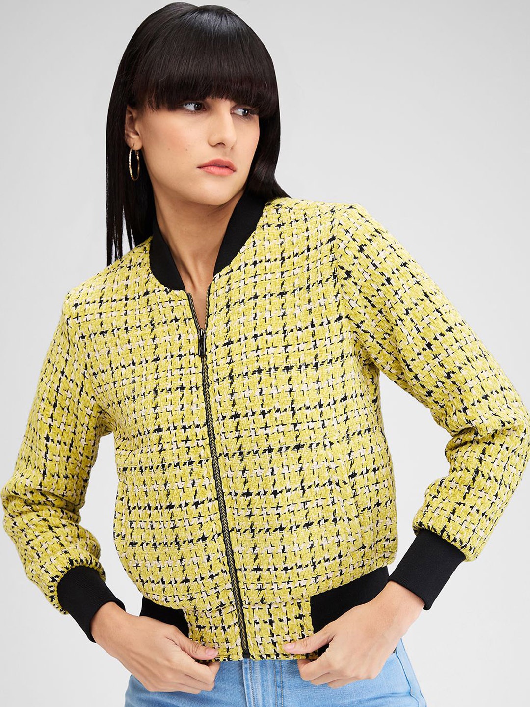 

SPYKAR Women Geometric Checked Bomber Jacket, Yellow