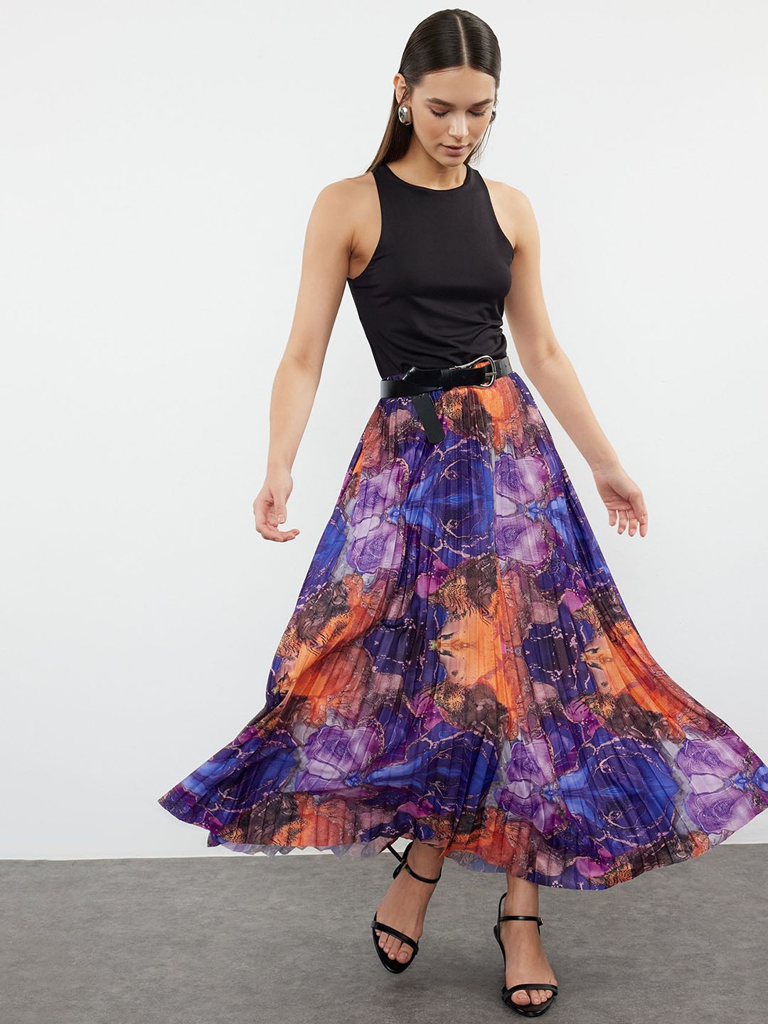 

Trendyol Printed Pleated Flared Maxi Skirts, Blue