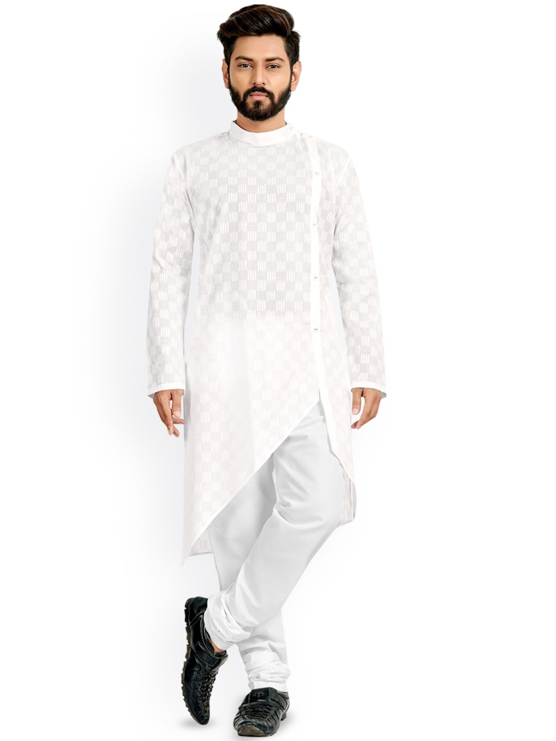 

Nimayaa Checked Woven Design Mandarin Collar Angrakha Style Kurta, White
