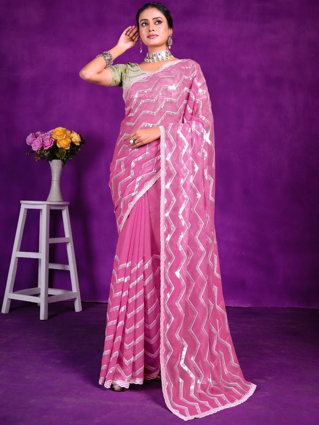 

Mitera Embellished Sequinned Pure Chiffon Saree, Pink