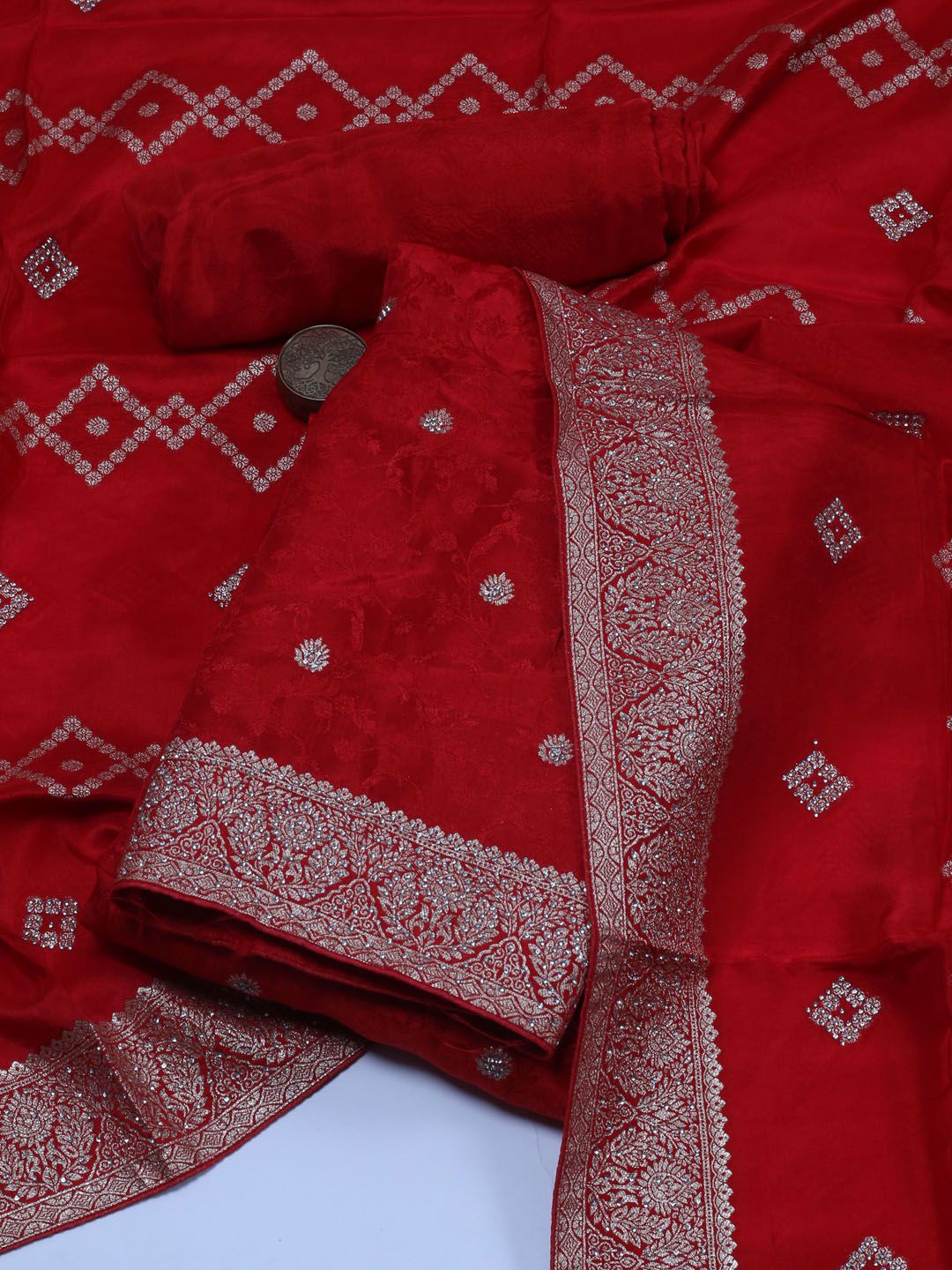 

Meena Bazaar Ethnic Motifs Woven Design Zari Unstitched Dress Material, Red