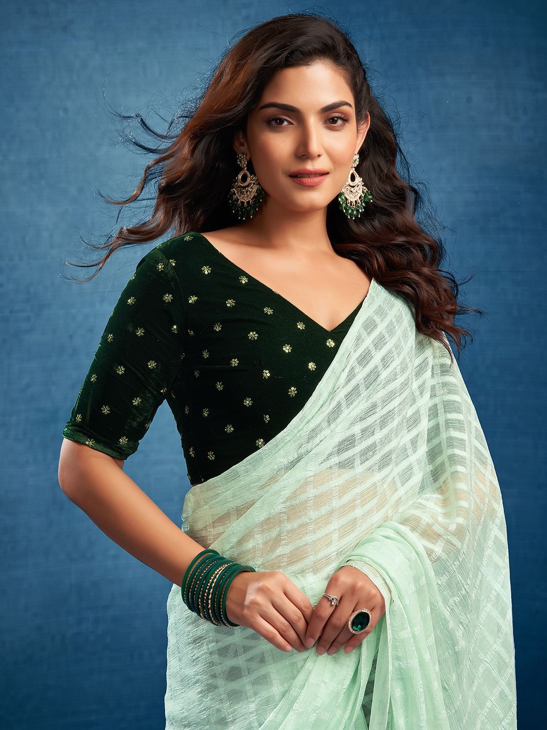 

Mitera Checked Pure Chiffon Saree, Sea green