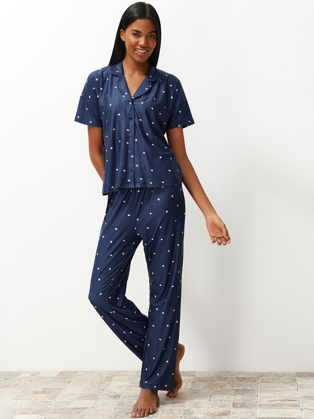 

Trendyol Women Conversational Printed Night suit, Navy blue