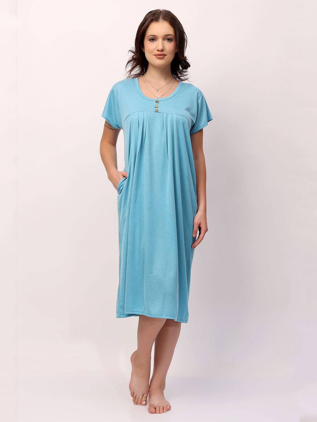 

NIGHT KEYS Round Neck Solid Hoseiry Nightdress, Blue