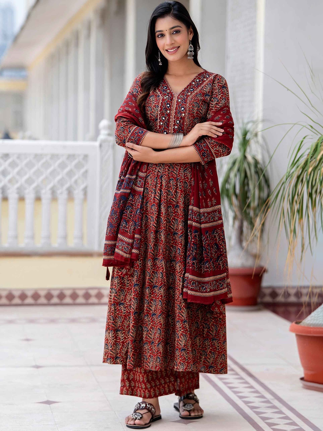 

GULMOHAR JAIPUR Floral Printed Mirror Work Cotton Anarkali Kurta With Palazzos & Dupatta, Maroon