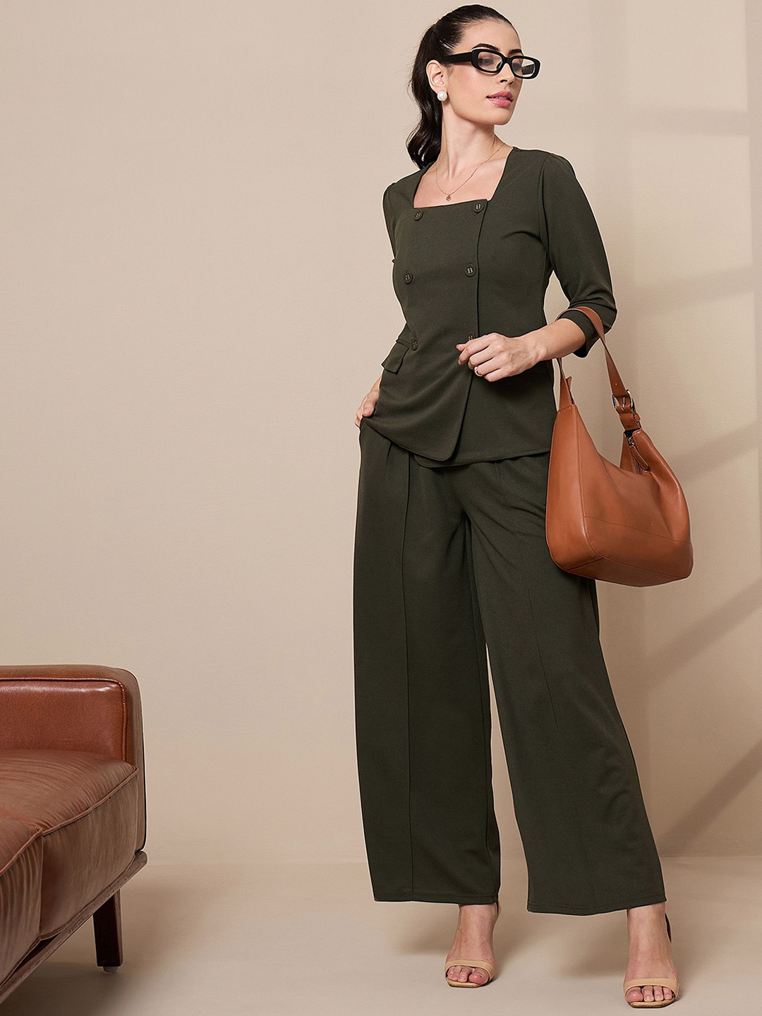 

SASSAFRAS worklyf Square Neck Top With Wide Leg Trousers, Olive