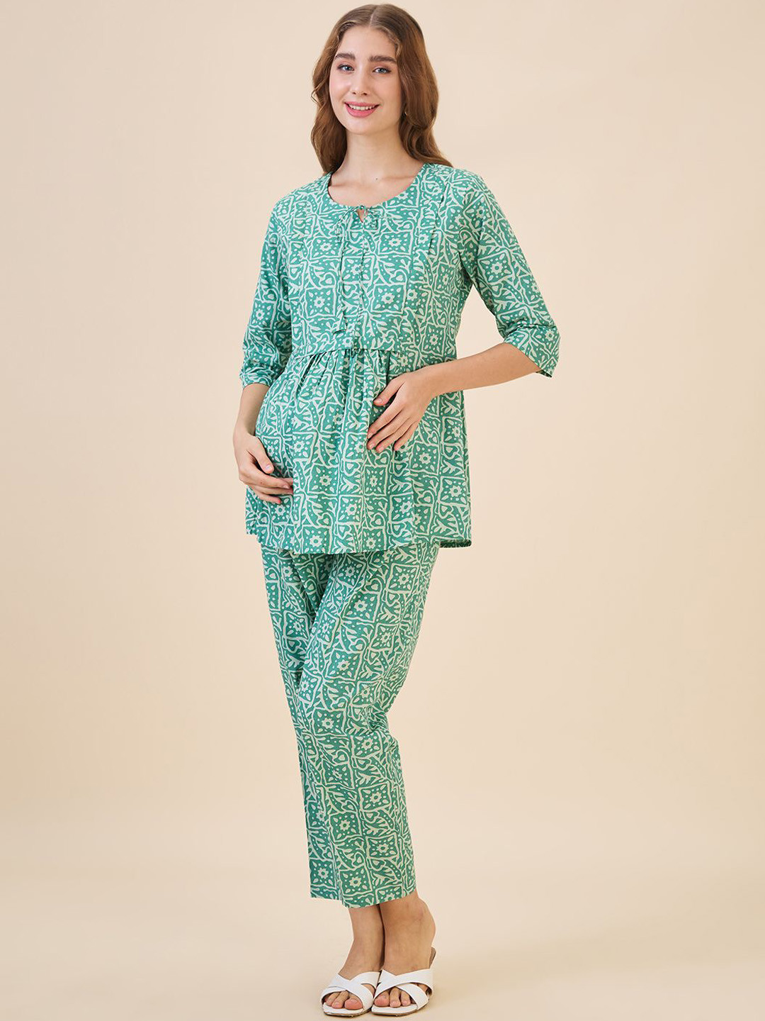 

AV2 Printed Pure Cotton Maternity Tunic With Trousers, Green