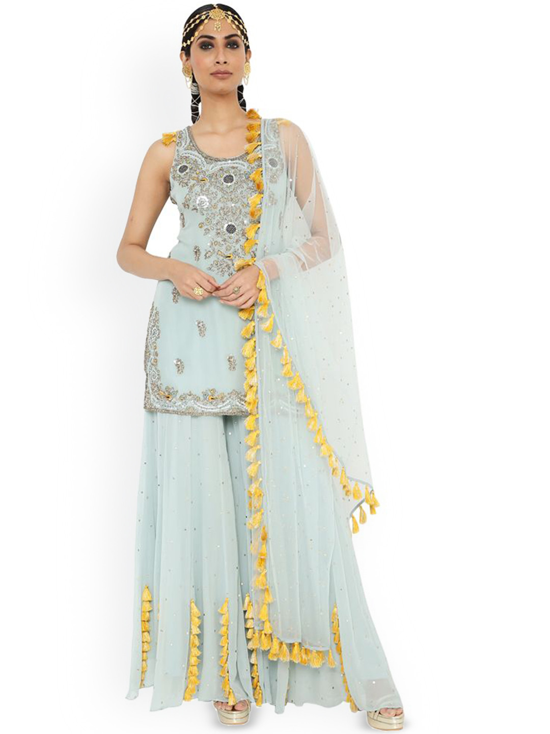 

Payal Singhal Floral Embroidered Thread Work Straight Kurta with Palazzos & Dupatta, Blue