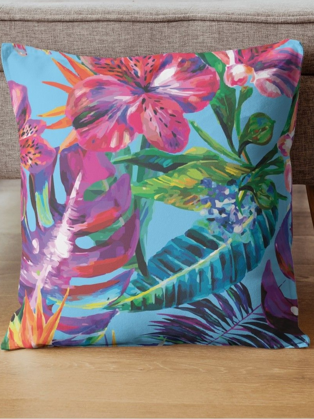 

THEYAYACAFE Blue & Pink Floral Velvet Square Cushion Cover