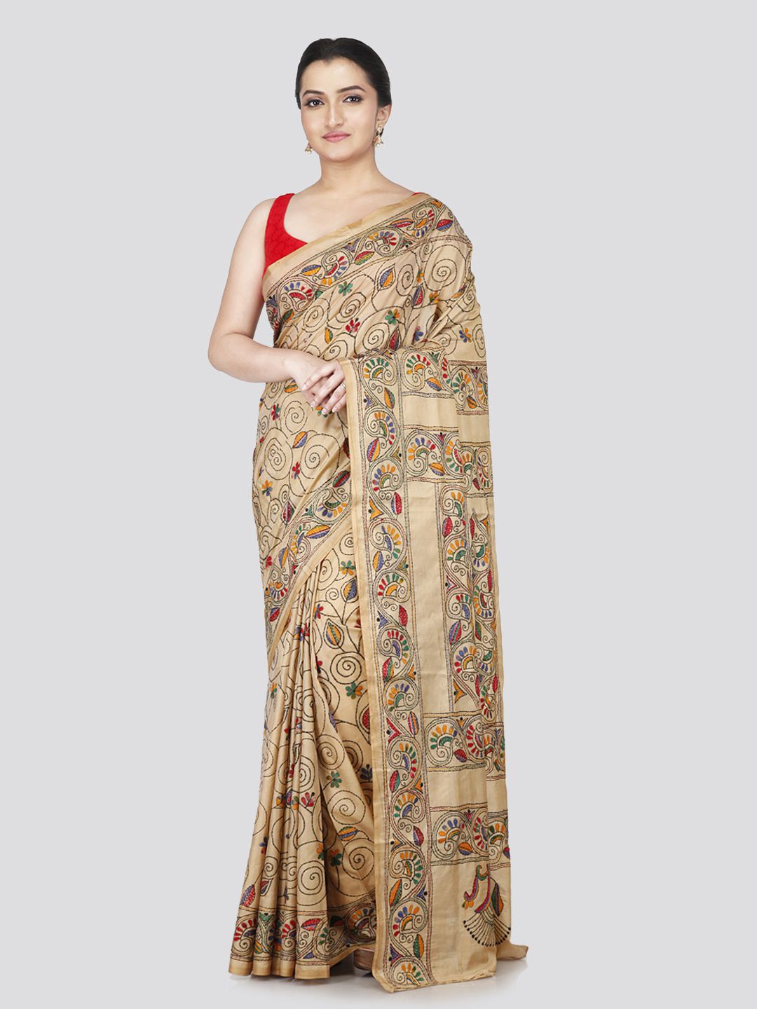 

PinkLoom Floral Embroidered Kantha Work Pure Silk Saree, Beige