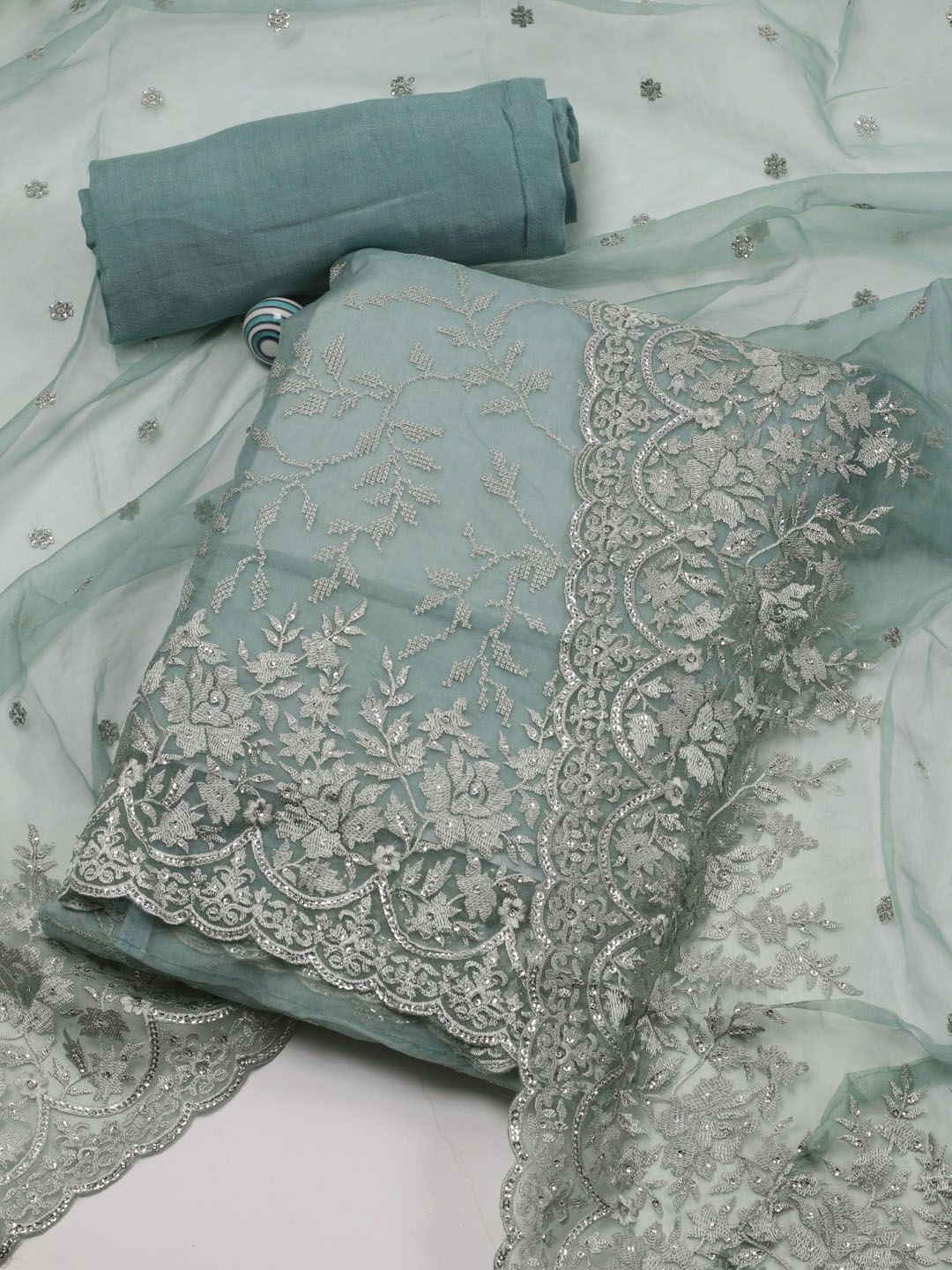 

Meena Bazaar Floral Embroidered Sequinned Organza Unstitched Dress Material, Sea green