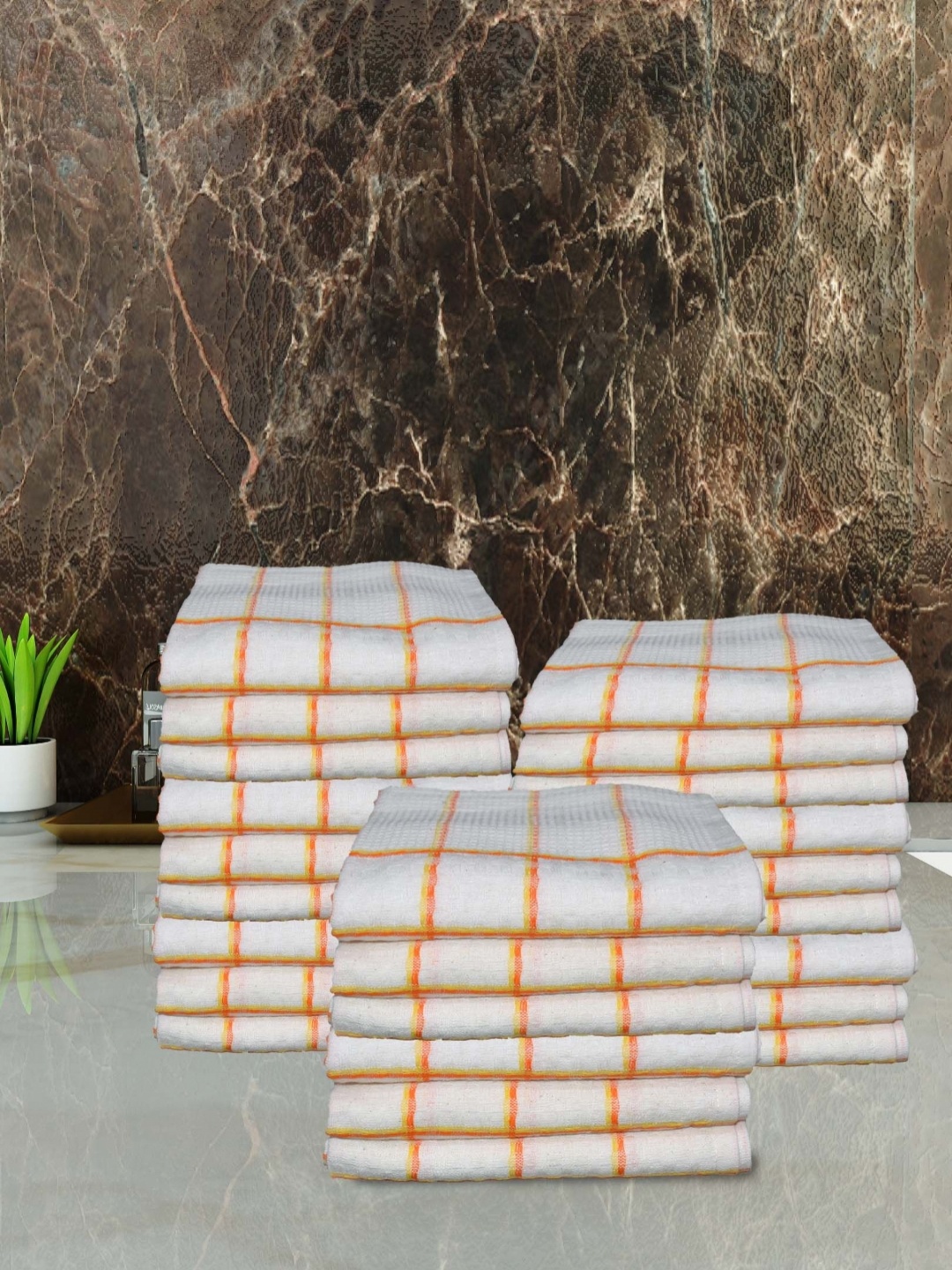 

Aura Athom Living White & Orange Colored 24 Pieces Checked Pure Cotton 210 GSM Hand Towels