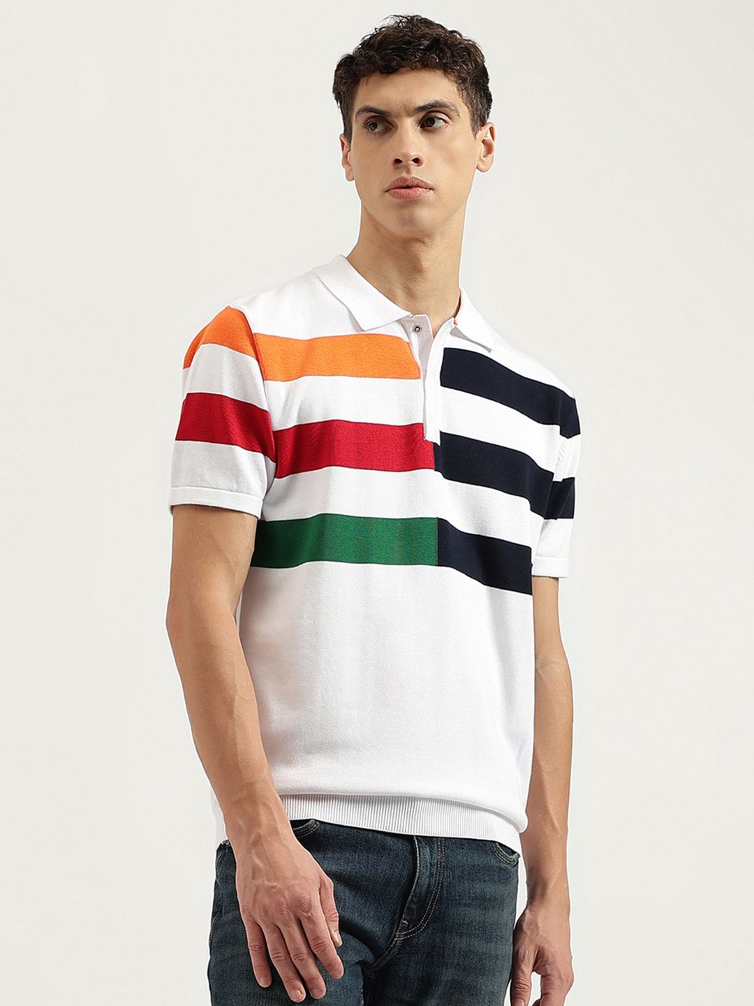 

United Colors of Benetton Men Striped Polo Collar Pure Cotton T-shirt, White