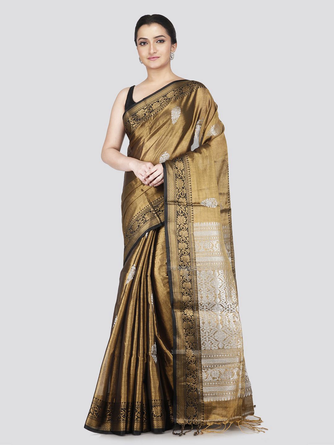

PinkLoom Woven Design Zari Silk Cotton Kanjeevaram Saree, Gold
